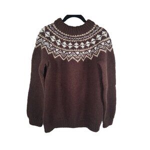 Wool Chunky Hand Knit Fair Isle Sweater Brown Tan Warm Cozy Cabincore Ski Chalet